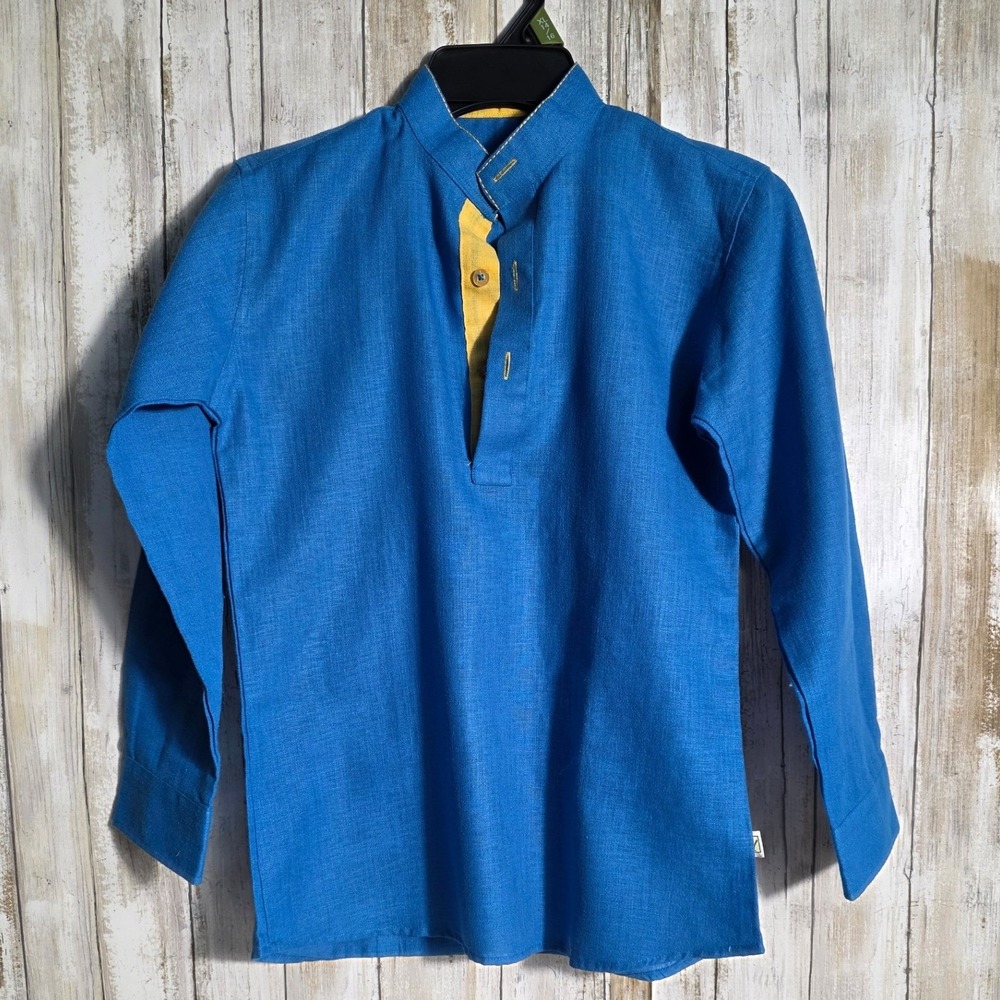 Little Stars by Ramraj Boys Blue Linen Kurta Mandarin Collar Shirt Size 9-10